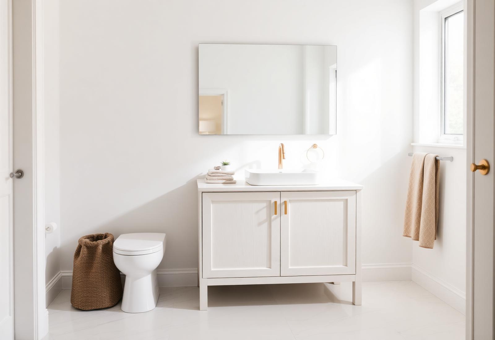 Plywood bathroom vanity in a bright modern bathroom
